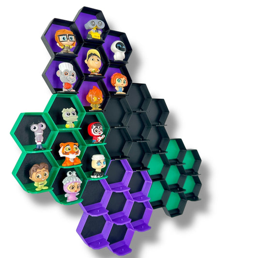 honeycomb displays for disney doorables characters, showing both with and without figures in the cells, mounted on a wall with multiple color combinations