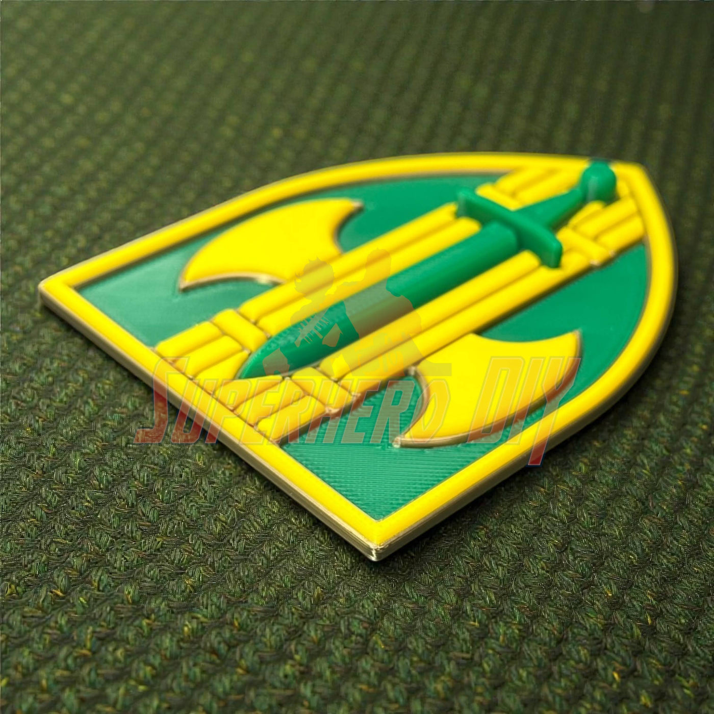 3D 18th Military Police Brigade Display Insignia in green and yellow colors on textured surface