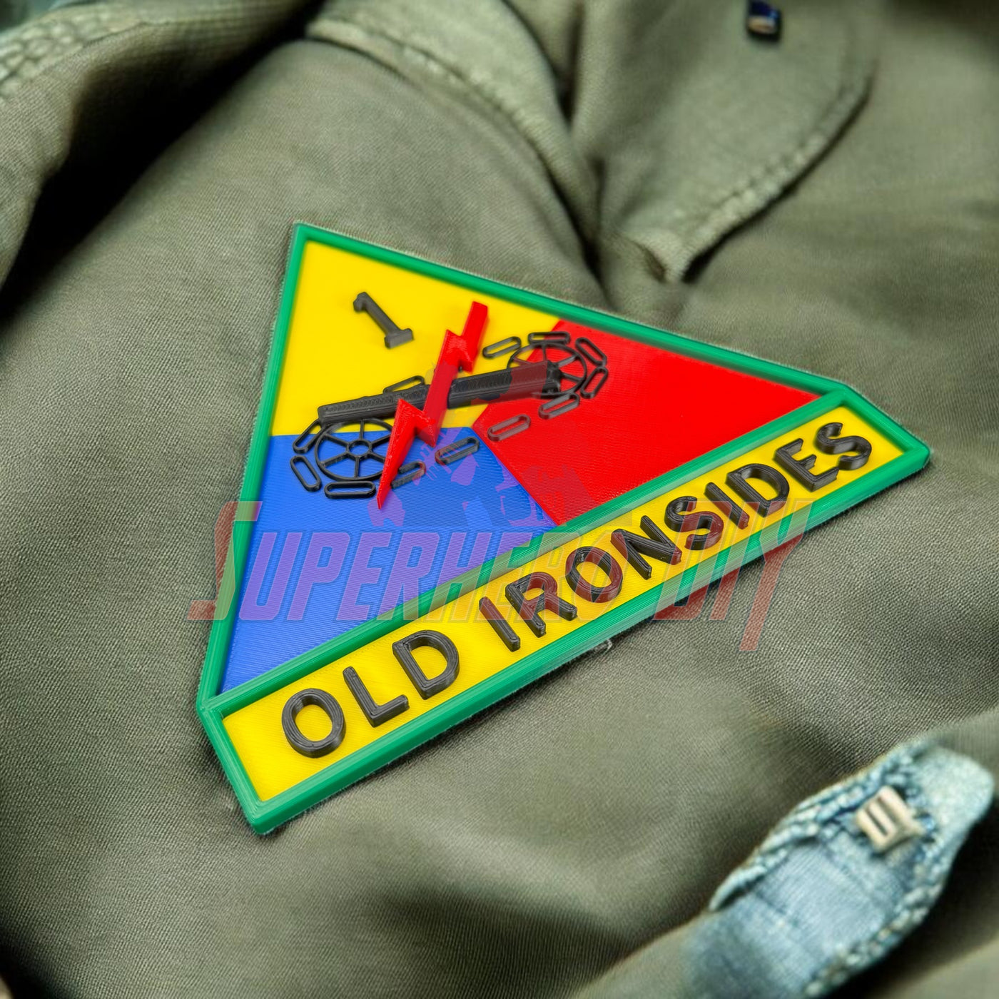 1st Armored Division display insignia patch for Old Ironsides, featuring vibrant colors and military symbols.