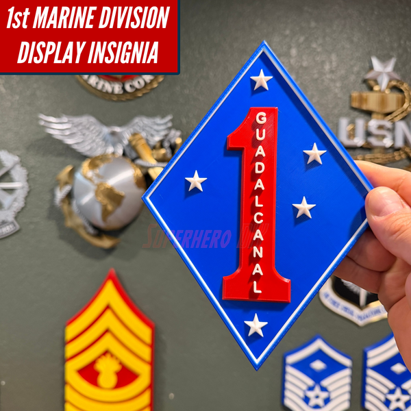 1st Marine Division display insignia in vibrant colors featuring a blue diamond and red numeral one, ideal for decoration.