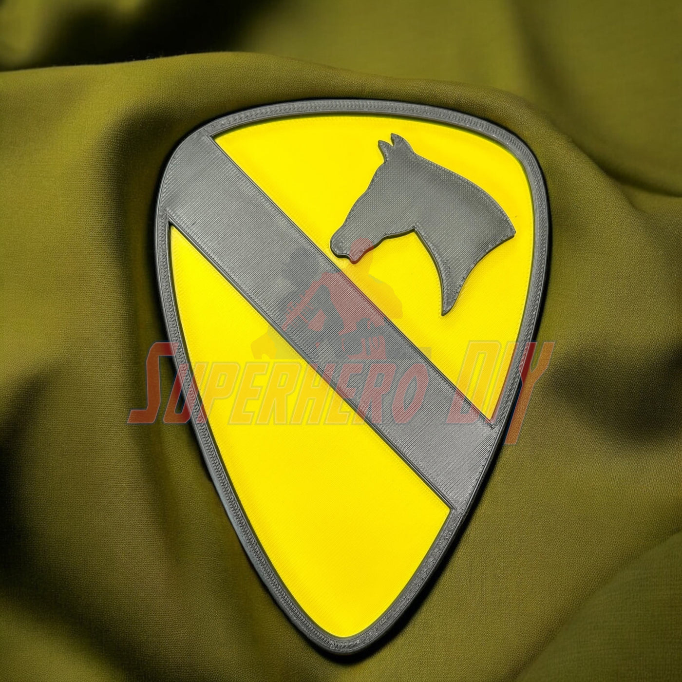 1st Cavalry Division Display Insignia on olive background, perfect for military decor