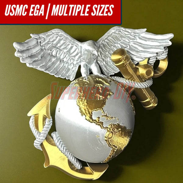3D Marine Corps EGA insignia wall-mountable decor with eagle, globe, anchor in silver and gold, perfect for USMC enthusiasts.