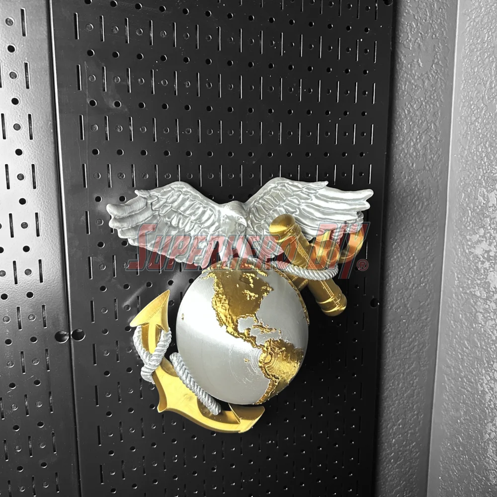 3D Marine Corps EGA insignia wall-mounted with Eagle, Globe, and Anchor design in gold and silver colors.