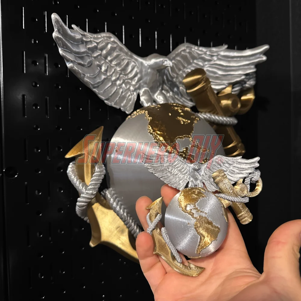 3D Marine Corps EGA insignia in hand, wall-mountable design showcasing Eagle, Globe, and Anchor.