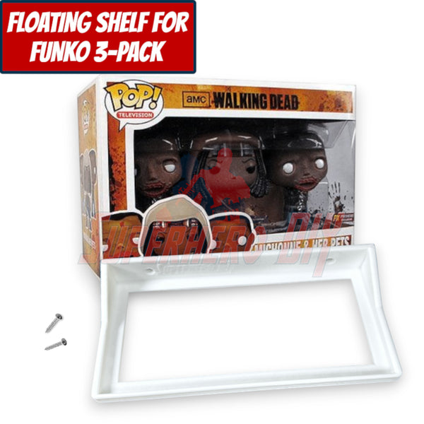 Floating shelf for Funko Pop 3-pack next to Walking Dead Funko box and screws.