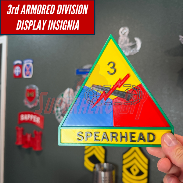 3rd Armored Division display insignia featuring the Spearhead triangle emblem and vibrant colors.