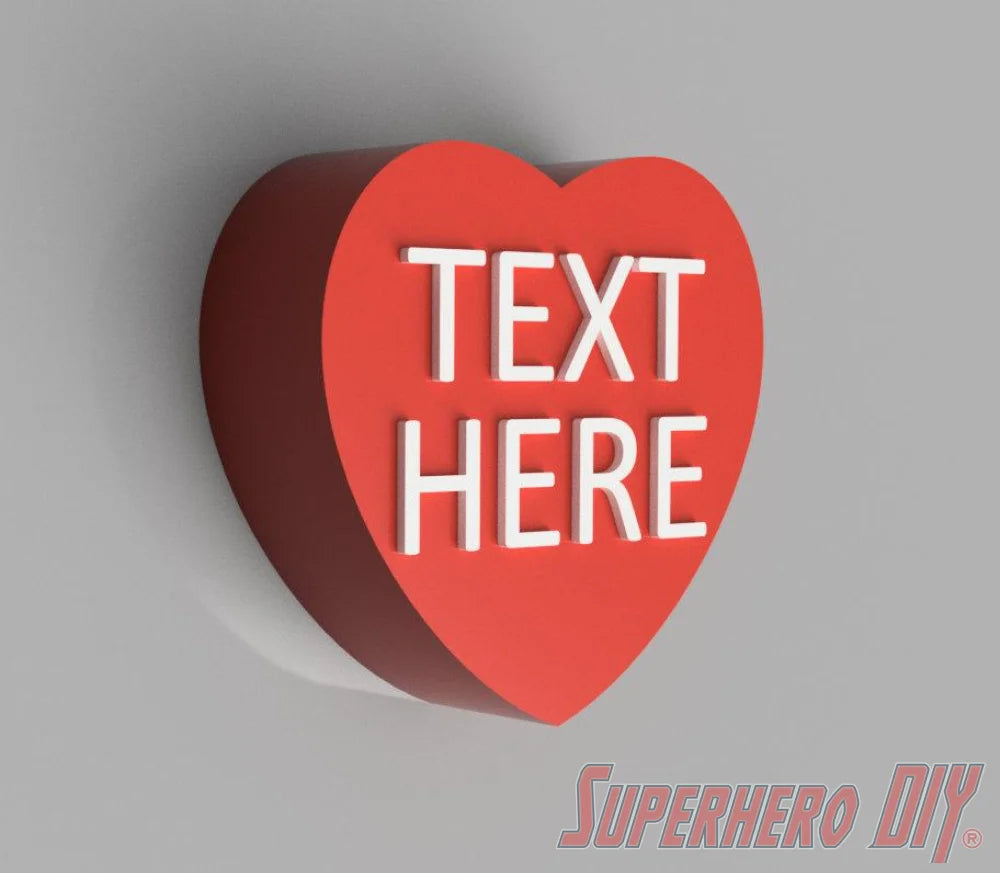3D-PRINTABLE STL FILE | Candy Heart Gift Box | DIGITAL FILE ONLY - Red candy heart-shaped gift box with customizable white text on top against gray background. - SuperheroDIY
