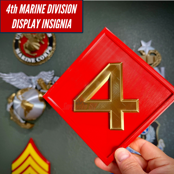 4th Marine Division display insignia featuring a bold gold numeral four on a scarlet background, perfect for mounting.