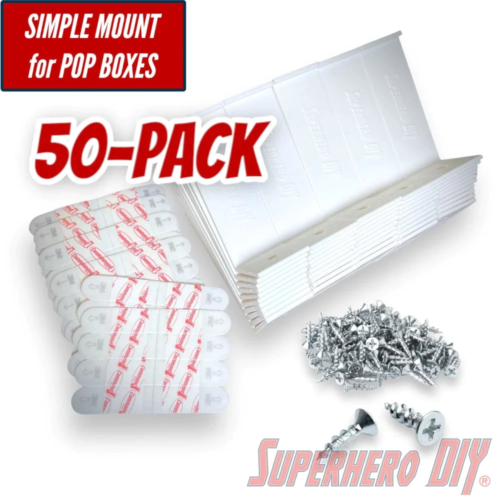 50-Pack Simple Funko Pop Box Wall Mount Simple Figure Display Shelf | Includes command strips OR screws! | Bulk pack - Superhero DIY