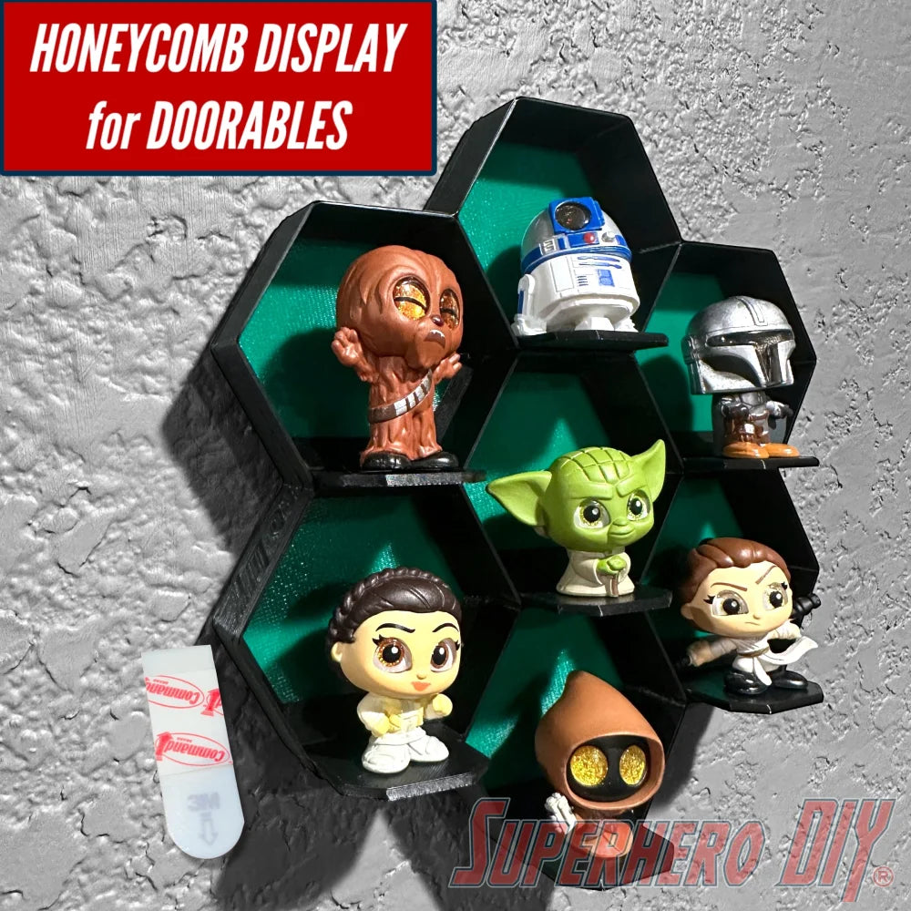 Wall-mounted honeycomb shelf for Disney Doorables, holds 7 figures with foot pegs for stable and organized display