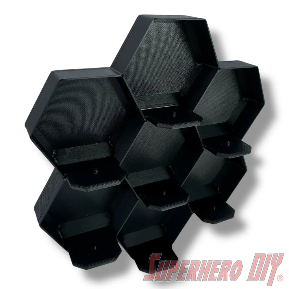 Wall-mounted honeycomb shelf for Disney Doorables, holds 7 figures with foot pegs for stable and organized display