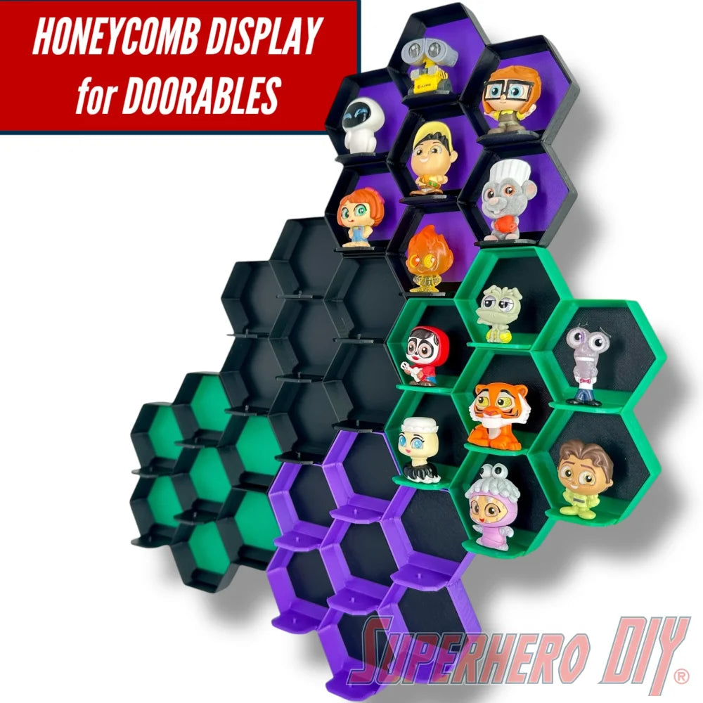 Wall-mounted honeycomb shelf for Disney Doorables, holds 7 figures with foot pegs for stable and organized display