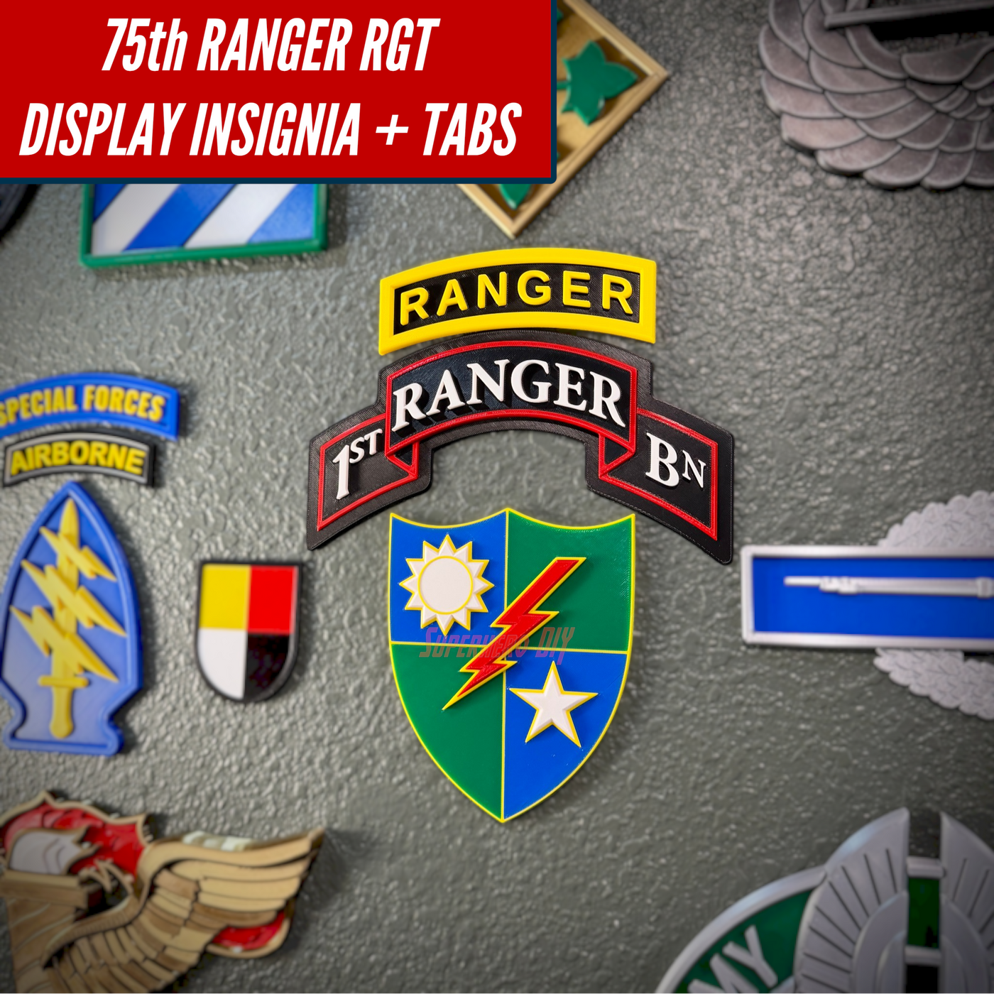 75th Ranger Regiment display insignia with tabs on a display wall, showcasing military insignia and decorations.
