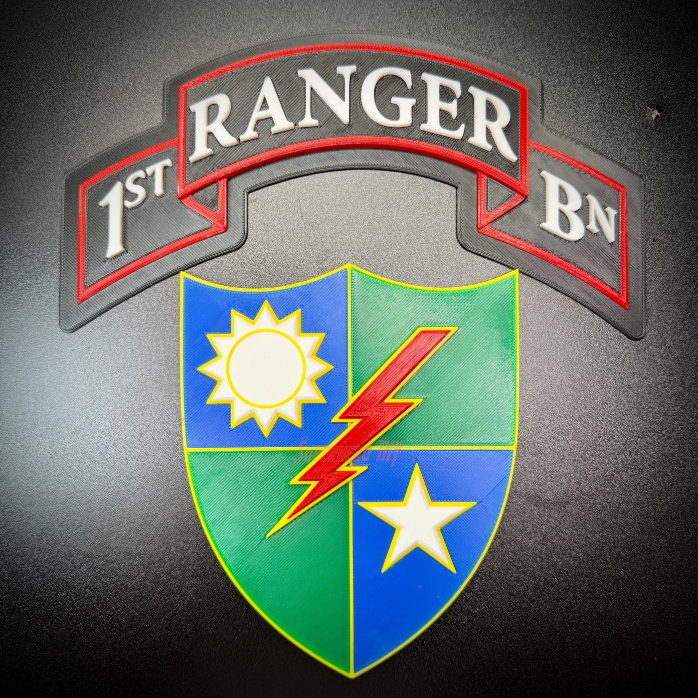 75th Ranger Regiment display insignia featuring 1st Ranger BN patch with sun and star designs.