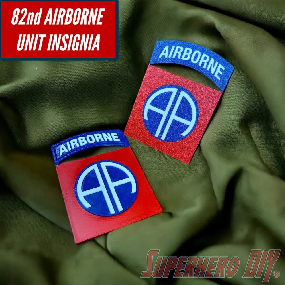82nd Airborne Division Unit Insignia | 3D-Printed All-American Division US Army Unit Patch | Multiple sizes displayed on olive fabric