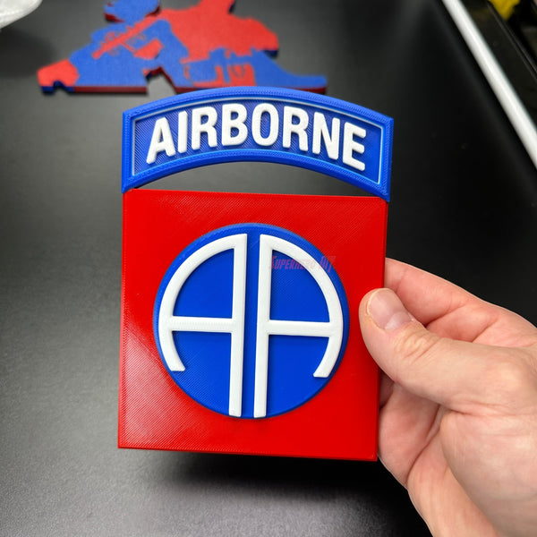 82nd Airborne Division display insignia 3D-printed design held in hand with vibrant colors and details