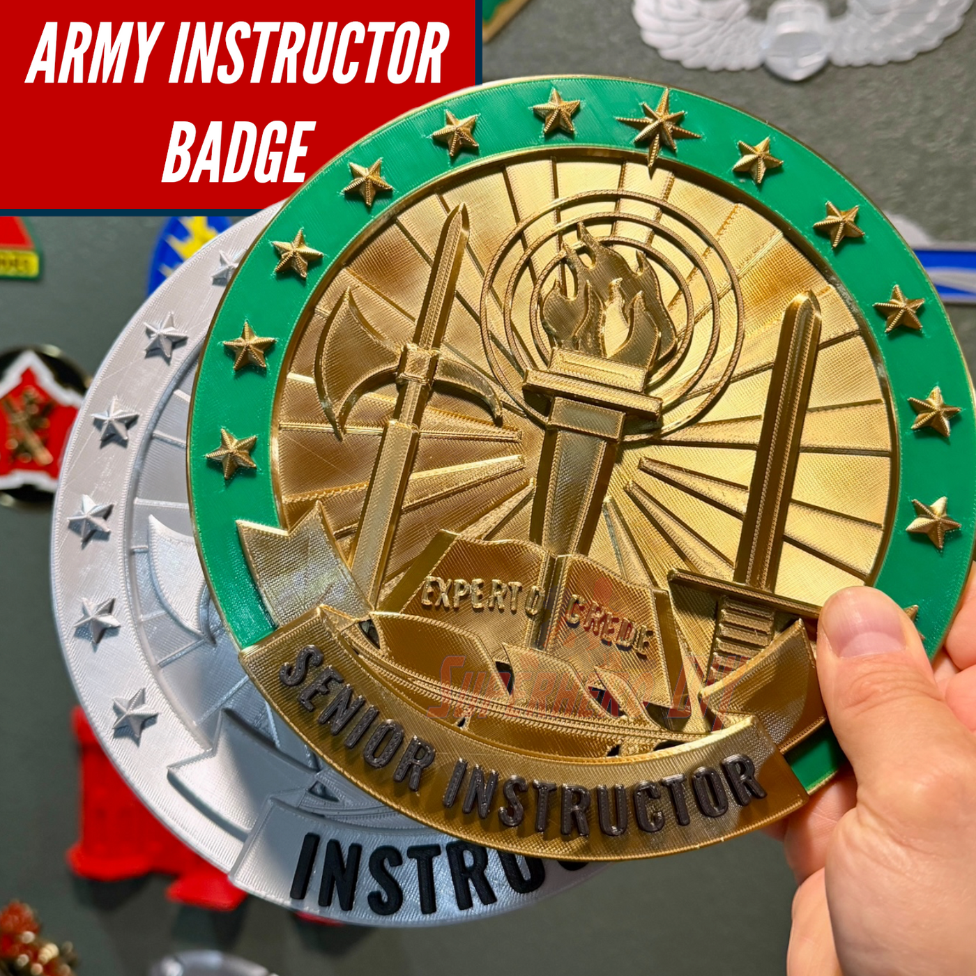 Army Instructor Badge display with multiple levels: Expert, Senior Instructor, showcasing colors and designs.