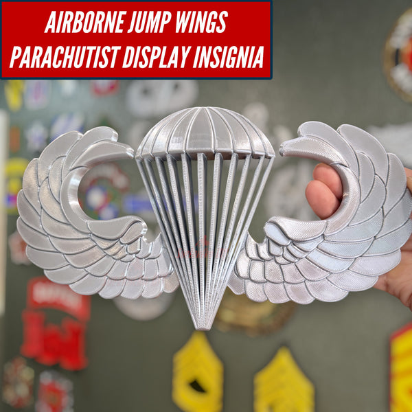Airborne badge jump wings display insignia showcasing detailed design for veterans and parachutists.