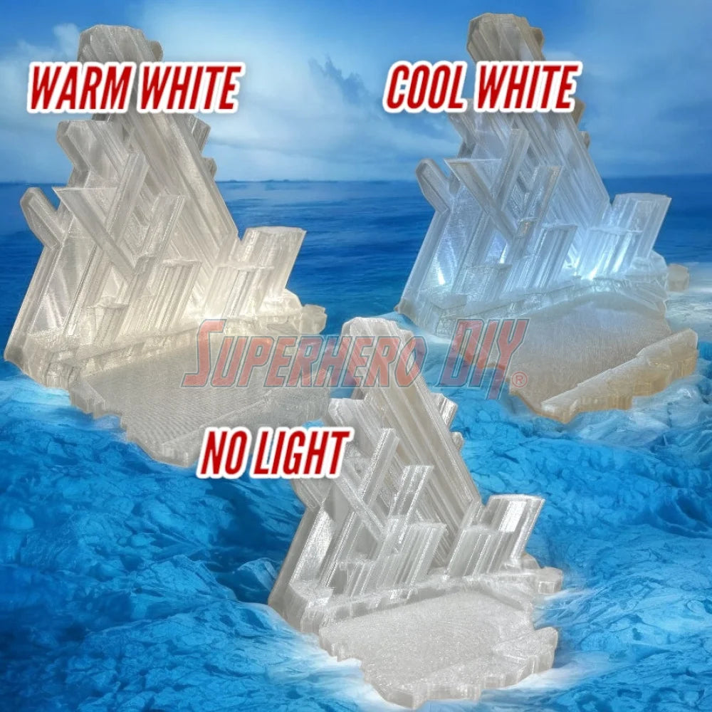 3D-printed arctic ice crystal display stand made to fit Funko Pop Deluxe Superman figure, compatible with wall mounting or shelf display by Superhero DIY