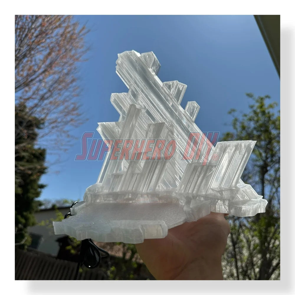 3D-printed arctic ice crystal display stand made to fit Funko Pop Deluxe Superman figure, compatible with wall mounting or shelf display by Superhero DIY