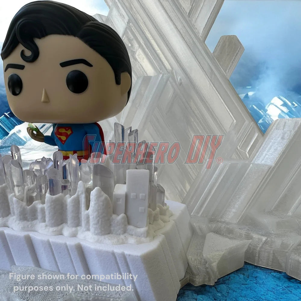 3D-printed arctic ice crystal display stand made to fit Funko Pop Deluxe Superman figure, compatible with wall mounting or shelf display by Superhero DIY