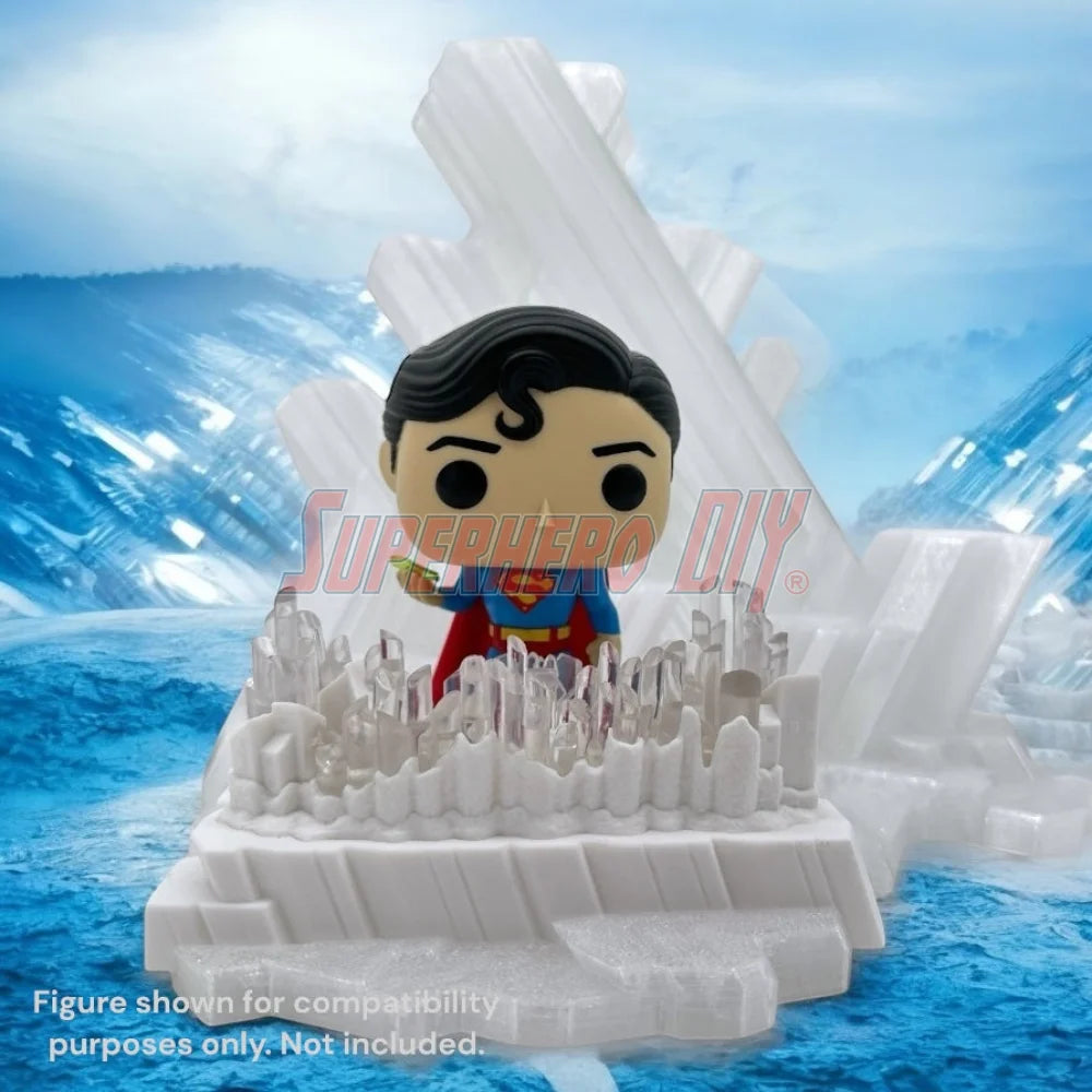 3D-printed arctic ice crystal display stand made to fit Funko Pop Deluxe Superman figure, compatible with wall mounting or shelf display by Superhero DIY