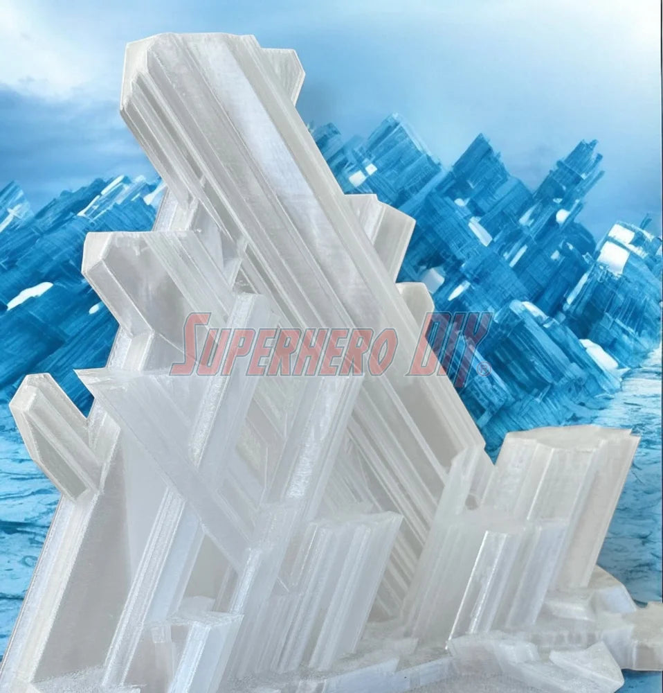 3D-printed arctic ice crystal display stand made to fit Funko Pop Deluxe Superman figure, compatible with wall mounting or shelf display by Superhero DIY
