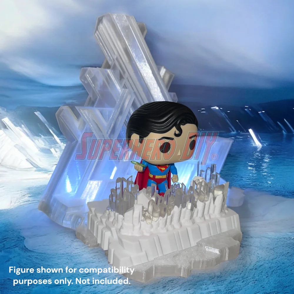 3D-printed arctic ice crystal display stand made to fit Funko Pop Deluxe Superman figure, compatible with wall mounting or shelf display by Superhero DIY