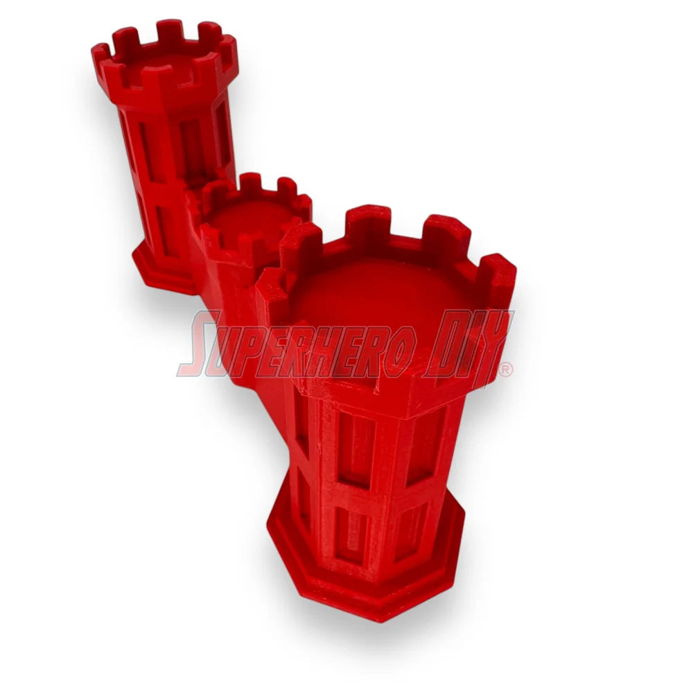 3D-printed Army Engineer Castle symbol replica in vibrant red, representing the U.S. Army Corps of Engineers and Combat Engineers.
