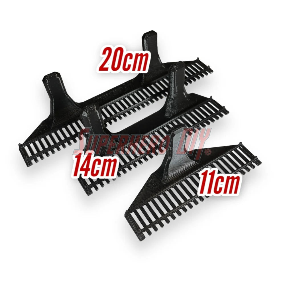 HO-scale train display shelf parts shown in three sizes: 20cm, 14cm, and 11cm for track mounting.