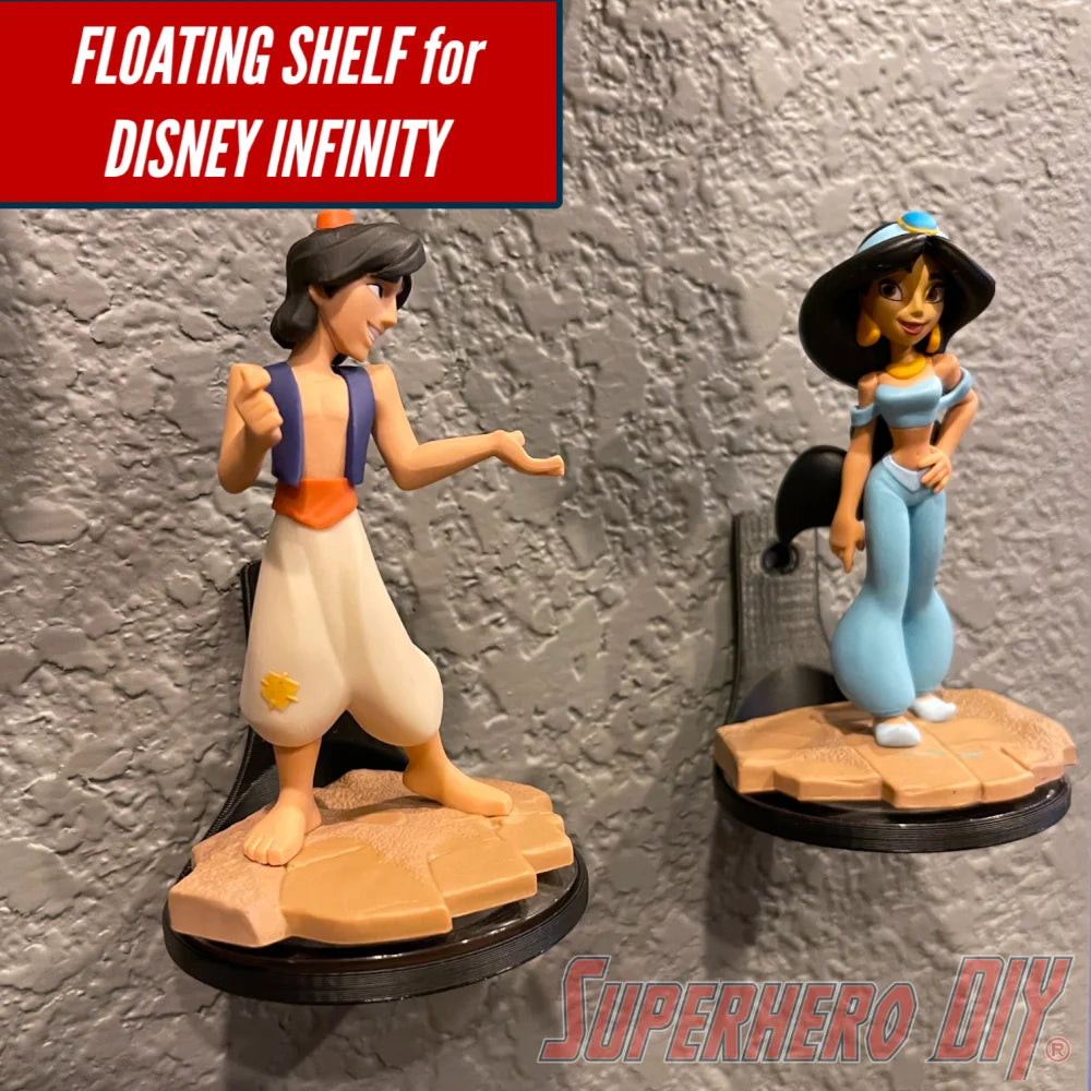 Black floating display shelf holding two Disney Infinity gaming collectible figures against textured gray wall. - SuperheroDIY