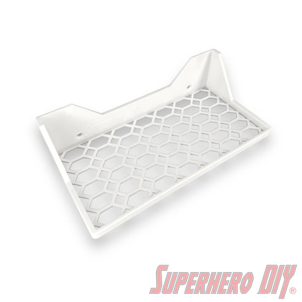 White wall mount display shelf for Funko Pop VHS & game cover boxes, perfect for showcasing collectible items securely.
