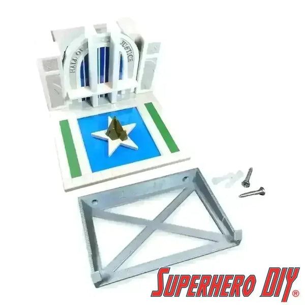 Hall of Justice floating shelf for Funko Town, includes mounting bracket and screws, perfect for DC Comics display.