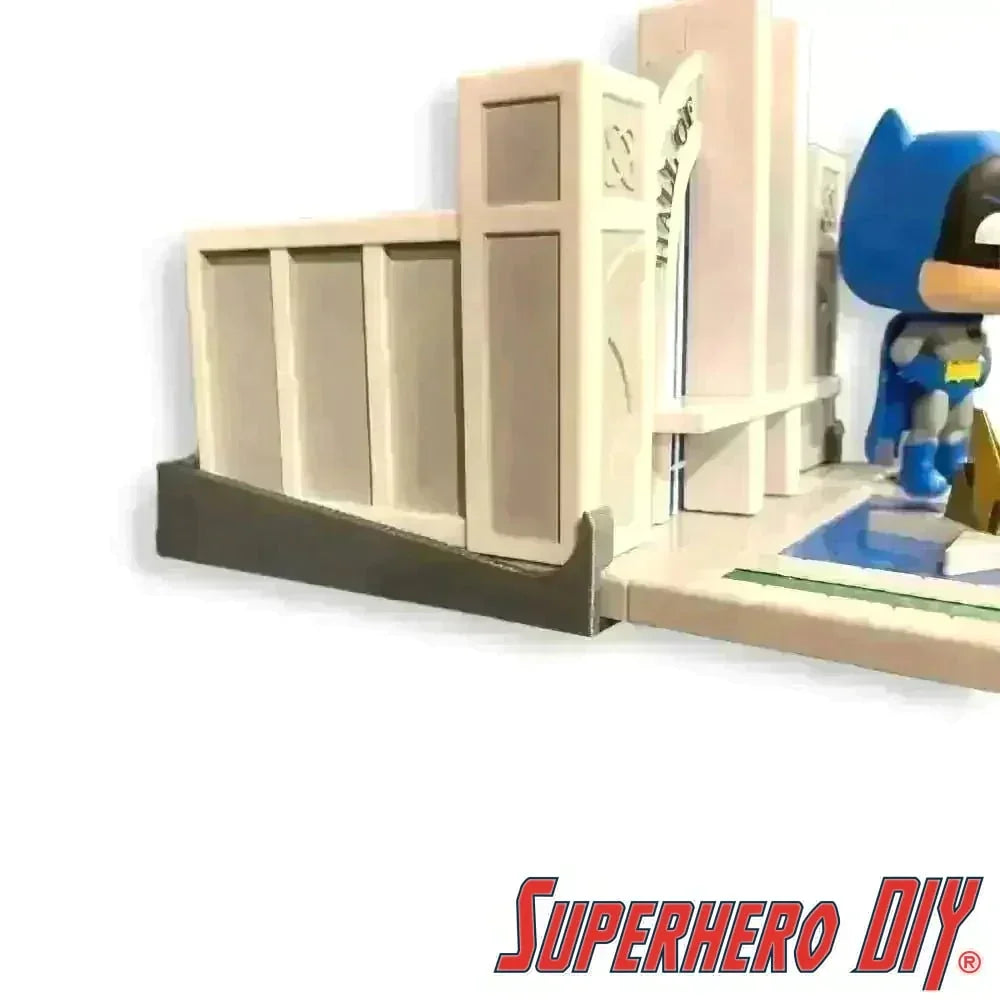 Hall of Justice floating shelf for Funko Pop Town display with included screws, wall-mounted to save space and showcase DC Comics collection.