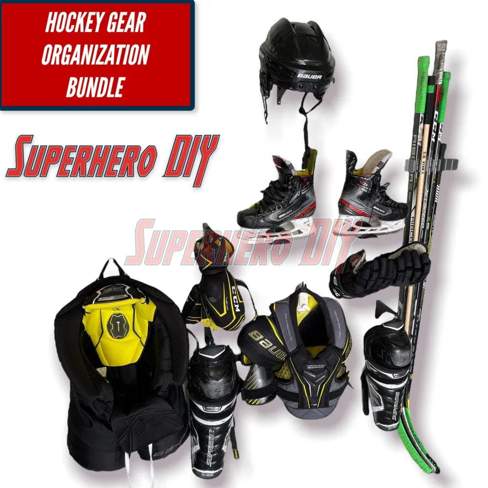 Wall-mounted hockey gear organizer bundle featuring skates, gloves, helmet, and sticks for efficient storage.