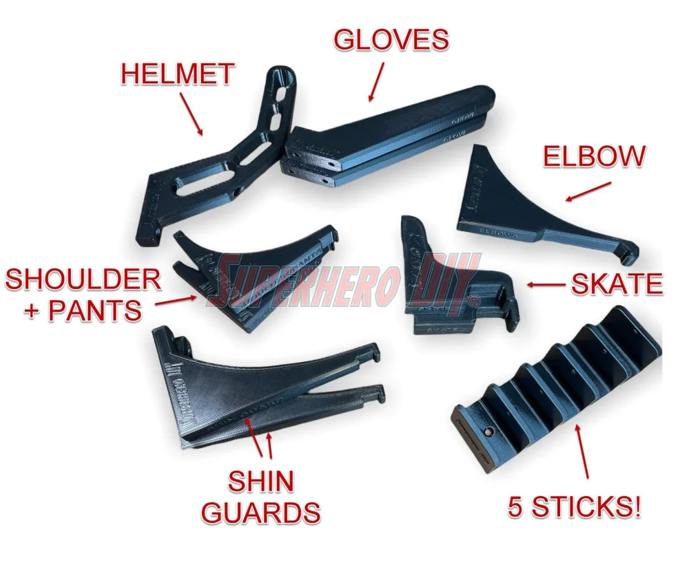 Wall-mounted hockey gear organizer bundle with labeled components: helmet, gloves, elbow, skate, shoulder+pants, shin guards, and 5 sticks!