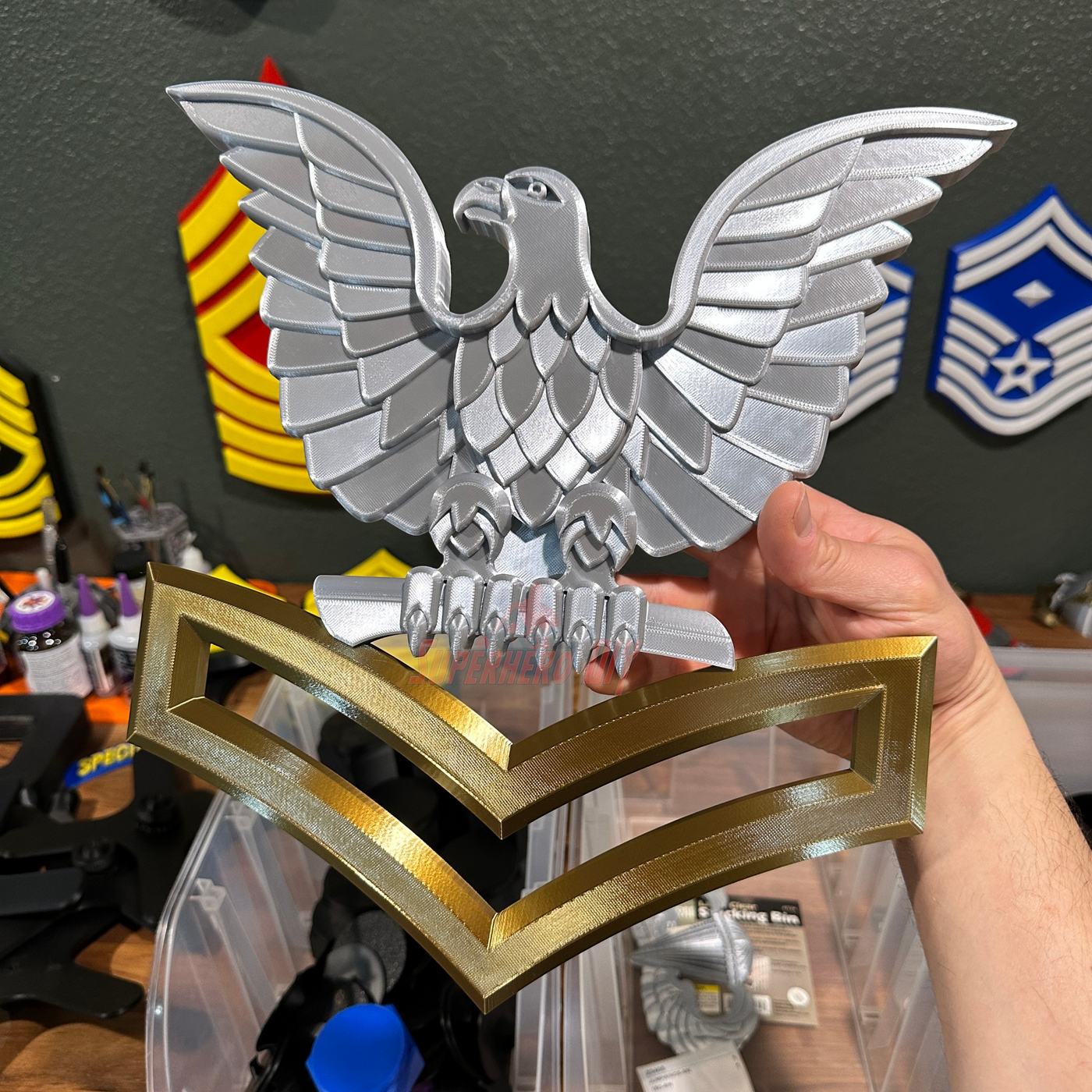 Navy enlisted rate insignia featuring an eagle and gold chevrons for display purposes.