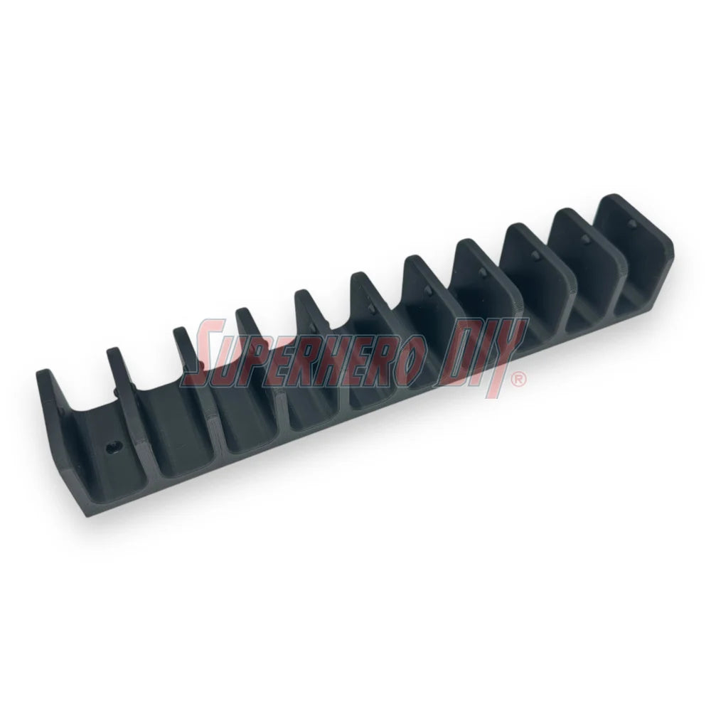 Black mini stick holder wall mount for organizing knee hockey sticks, fits five or ten sticks. Perfect for organizing your collection.
