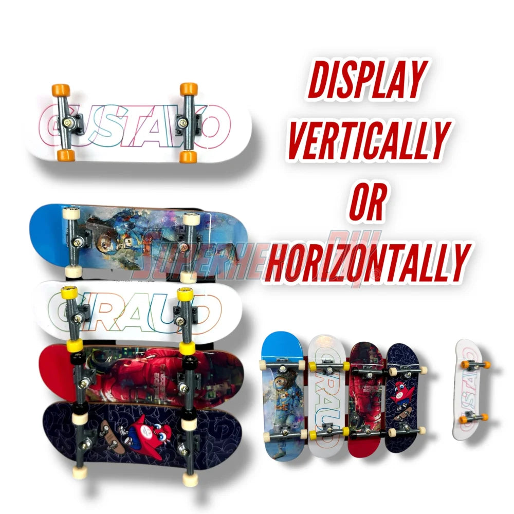 Magnetic Tech Deck wall mount displaying fingerboards vertically and horizontally with artwork visible.