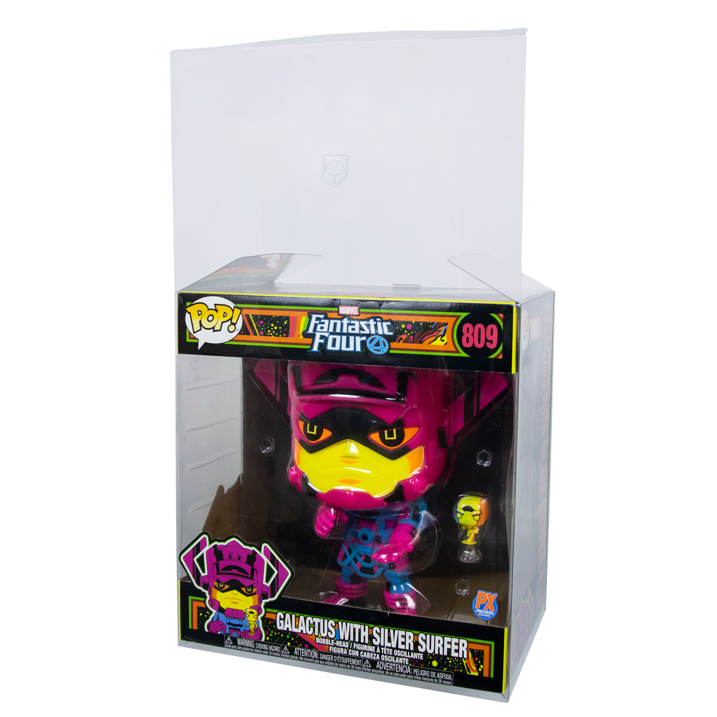 Galactus with Silver Surfer in PopShield protector box, showcasing a vibrant Funko Pop from the Fantastic Four series.