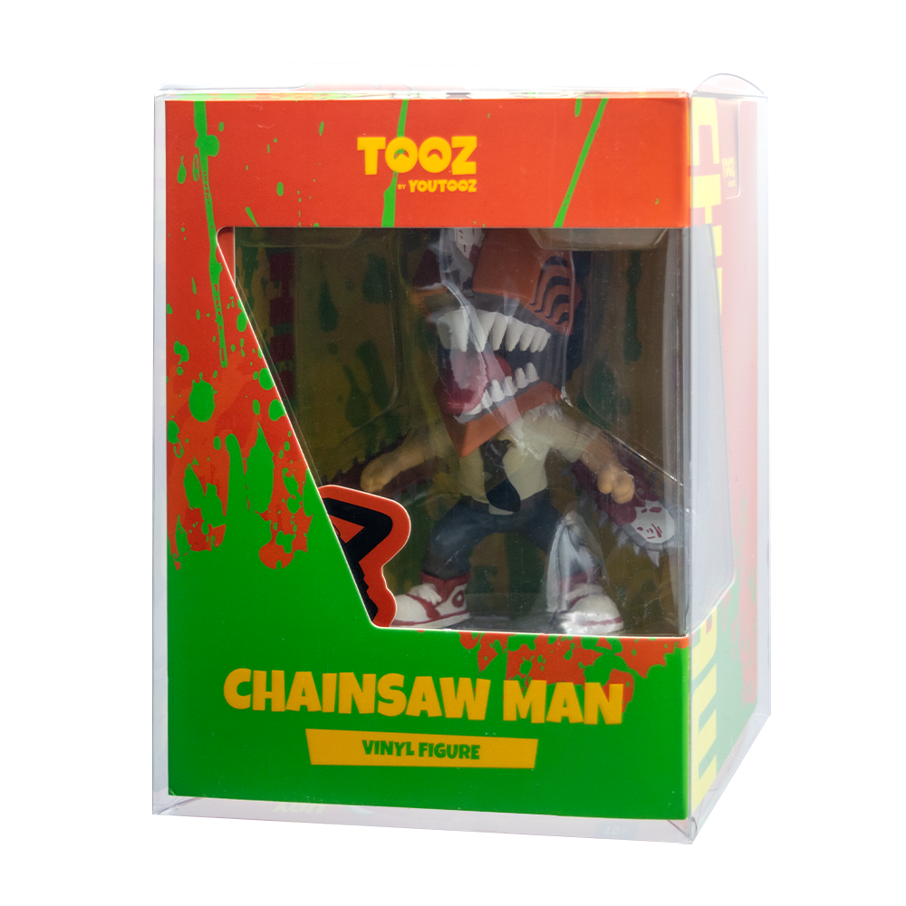 Youtooz Chainsaw Man vinyl figure in display box, showcasing colorful packaging and intricate design details.