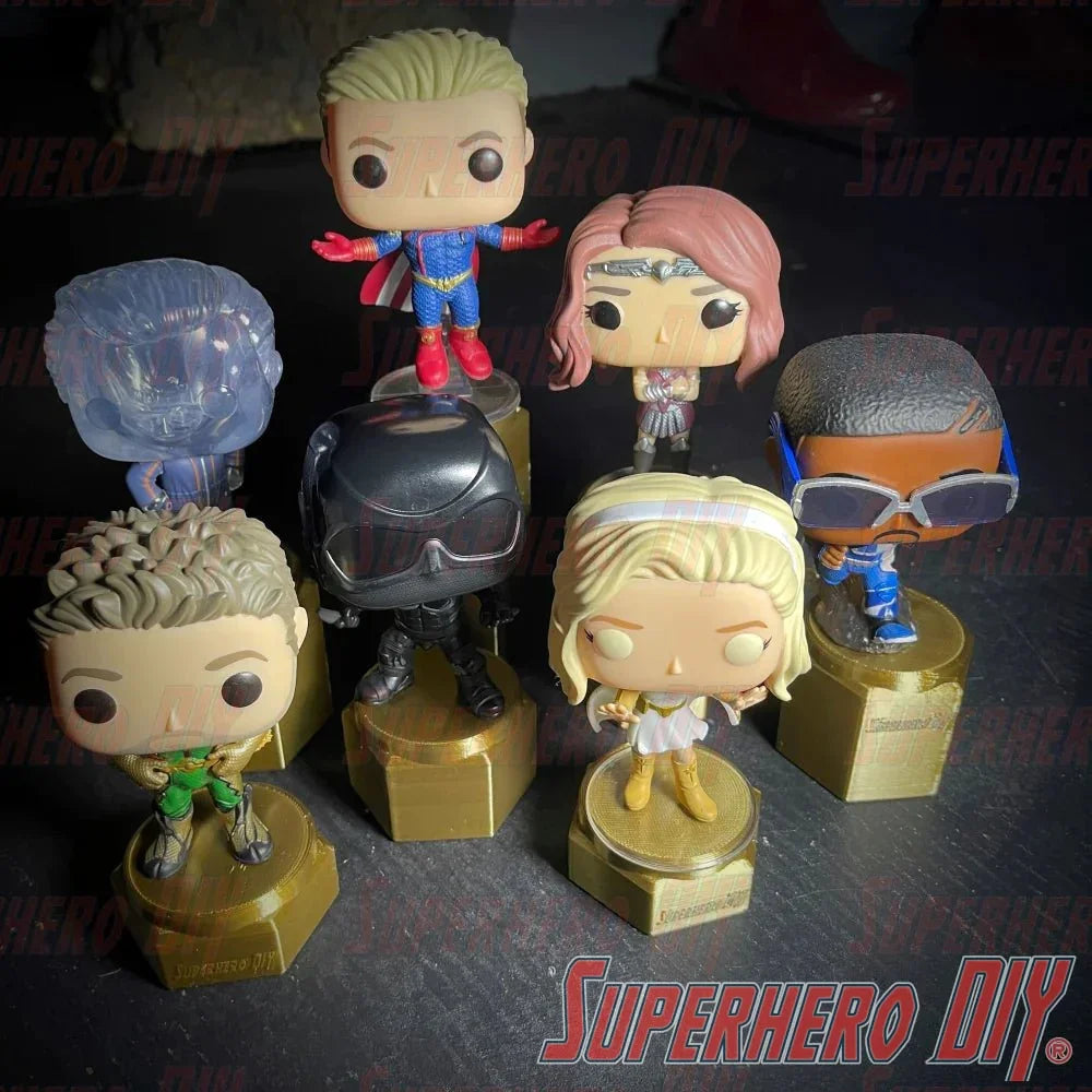 pedestal display riser stands for Funko Pop figures arranged in a staggered tiered display