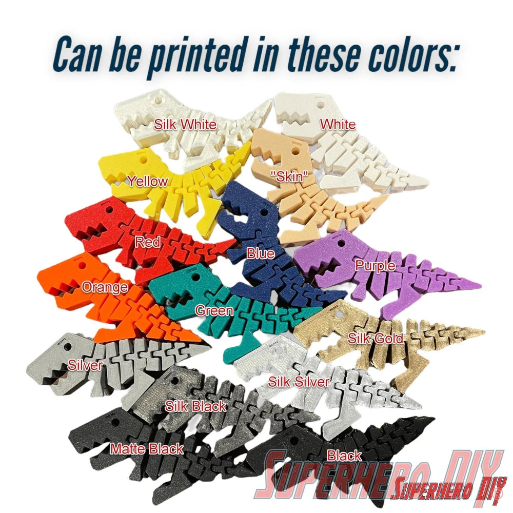 Variety of dinosaur figures available in multiple colors including Silk White, Yellow, Red, Blue, Purple, and more.