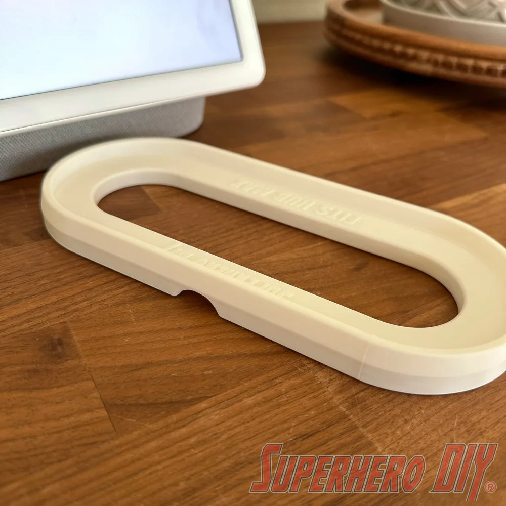 Google Nest Hub Max riser stand on a wooden kitchen counter, designed to protect the display from splashes and condensation.