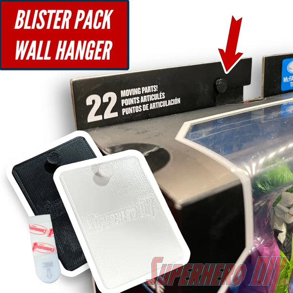 Blister pack wall hanger displaying carded action figures without damage, featuring command strip mounting for easy setup.