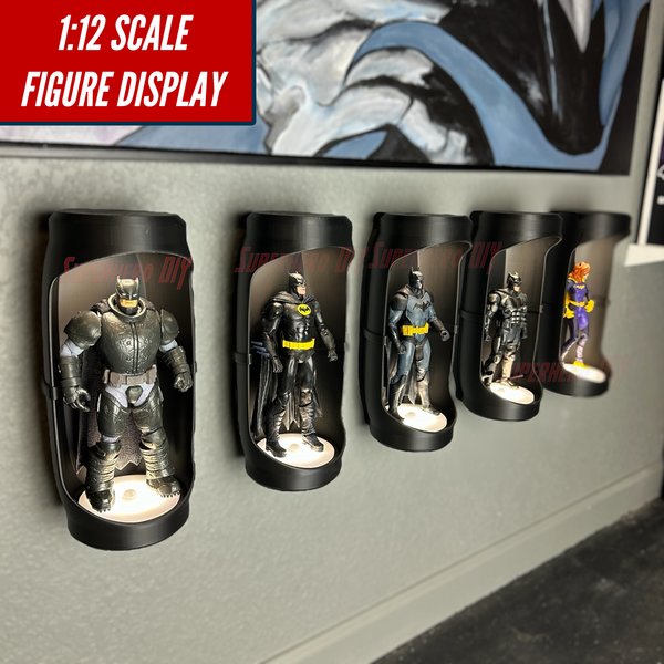 Hero Pod for 1:12 scale – Wall-Mountable Action Figure Display compatible with light-up LED pucks showcasing superhero figures.