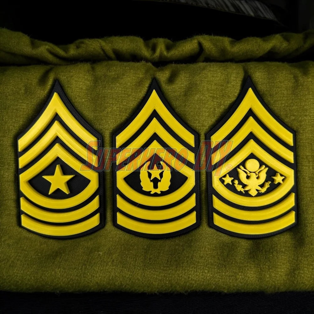 Army enlisted rank insignia for Sergeant ranks, featuring multiple designs in bold colors.