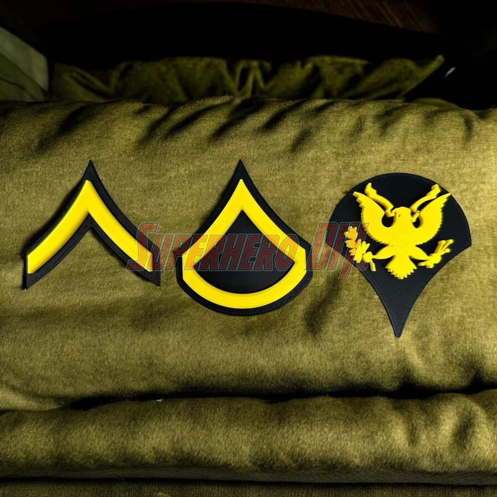 Army enlisted rank insignia featuring chevrons and eagle emblem in bold 3D print.