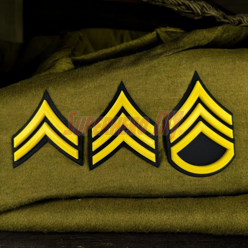 Army enlisted rank insignia showing three stripes with yellow accents on a green background.