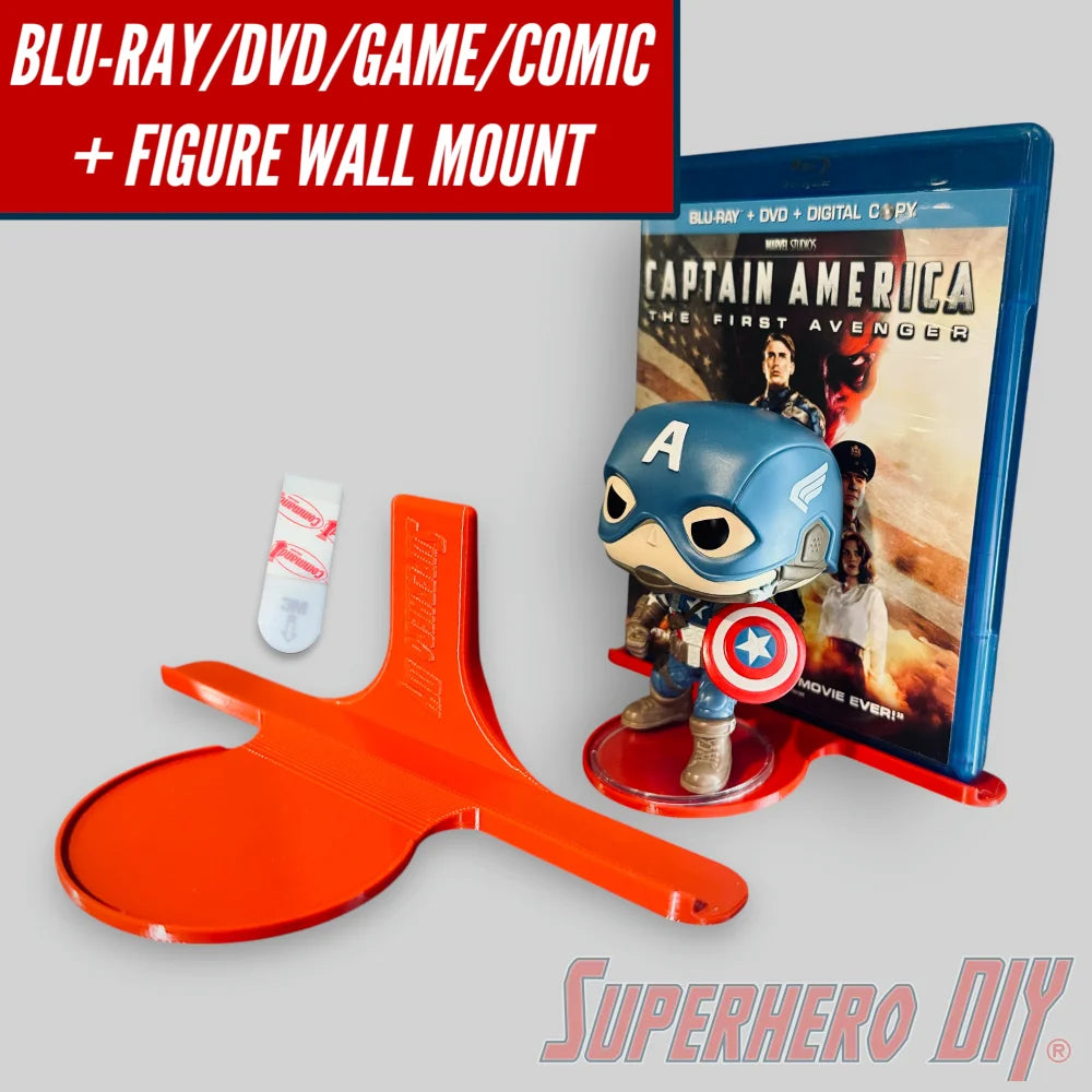 wall mount media and funko display shelf with Captain America Blu-ray and figure